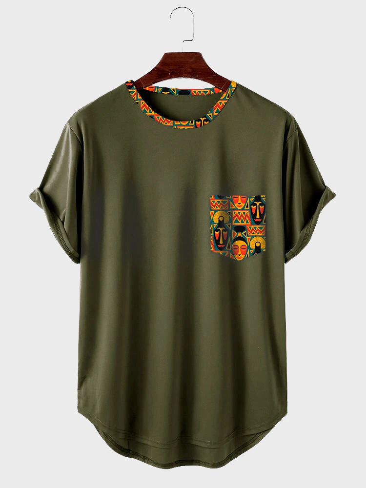 ChArmkpR Mens Ethnic Figure Face Print Patchwork Curved Hem Short Sleeve T-Shirts (image for) ChArmkpR Mens Ethnic Figure Face Print Patchwork Curved Hem Short Sleeve T-Shirts